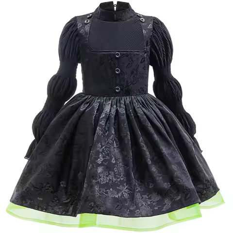 Girls Halloween Elphaba Witch Black Dress Children Black Lace Fluffy Gown Carnival Wicked Cosplay Co