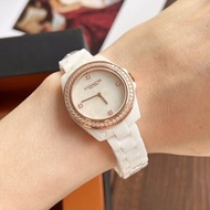 COACH蔻馳手錶 貝母鏡面石英錶 白色陶瓷手錶 鑲鑽石英錶 防水手錶 28mm小直徑手錶女 時尚休閒女錶 百搭通勤腕錶 精品錶