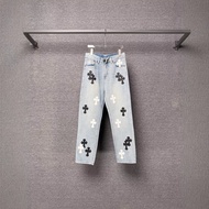 Chrome Hearts Four Seasons Black White Cross Leather Couple Jeans