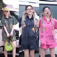 Set B19 German Collar Cow Shorts with Duck Print Buttons for Women, Cotton Fabric, Size S and M, Baj