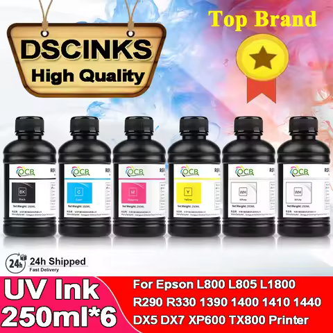 LED UV Ink 250ml x 6 Bottle for Epson 1390 L800 L1800 L805 R290 R1800 R1900 DX4 DX5 DX6 DX7 TX800 XP