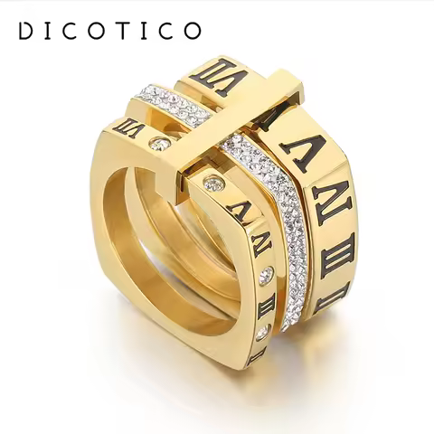 Stainless Steel Rings For Women Rhinestone Black Engrave Roman Numerals 3 Layers Square Rings Weddin