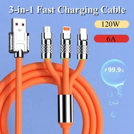 3-in-1 120W 6A Metal Fast Charging Cable for Type-c Micro iPhone Silicone USB Data Cable