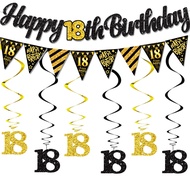 18th Birthday/21th Birthday Party Supplies-Black Gold Banner, Pennant and Hanging Swirl | 18/21 Year