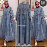 Azzura Maxy Dress Denim Bordir Import by Amanajwa - Gamis Jeans Wanita Jumbo XXXL LD 130
