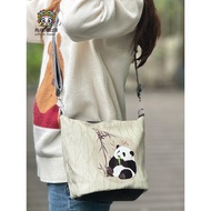 Panda Print Bucket Bag Shoulder Bag Messenger Bag Female Canvas Bag Simple All-Match Chengdu Panda B