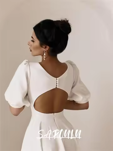 Midi Elope Wedding Dress, Tea Length Reception Dresses, Engagement Dress With Half Sleeves Open Back