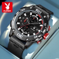 PLAYBOY นาฬิกาข้อมือผู้ชาย กันน้ำ 2025 ปฏิทินแฟชั่นใหม่ นาฬิกาควอตซ์ สายหนังเรืองแสง 3520 Playboy รุ