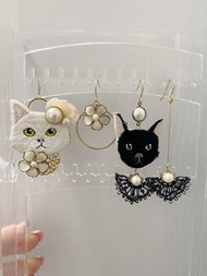 日本手作耳環 Japan handmade earrings earring cat 貓貓 刺繡珍珠花花 pearl osewaya gargle kaza zoule Ayatorie