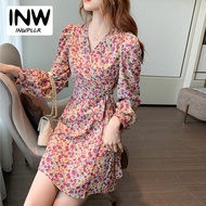 INWPLLR New Fashion Spring Autumn Dresses For Woman V-neck Long Sleeve Dresses Floral Printed Short Wrap Dress Ladies