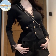 DayDayTo Short Cardigans V Ne Elegant Lace Patchwork Vintage Woman Sweaters Autumn Winter Korean Fas