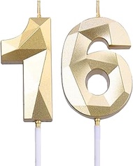2 inch Gold 16 & 61 Birthday Candles, 3D Diamond Number 16th & 61st Cake Topper for Boys Girls Birth