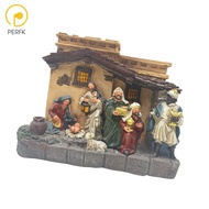 Perfk Jesus Manger ชุดอธิบายการกำเนิดคริสต์มาสพร้อมหุ่นเรซิ่นไฟทำมือสำหรับตกแต่งโต๊ะการแสดงของครอบคร