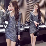 New Modern Look Slim Glitter V Neck Masquerade Gastby Retro Party Sexy Long Sleeve Dress 复古长裙连衣裙