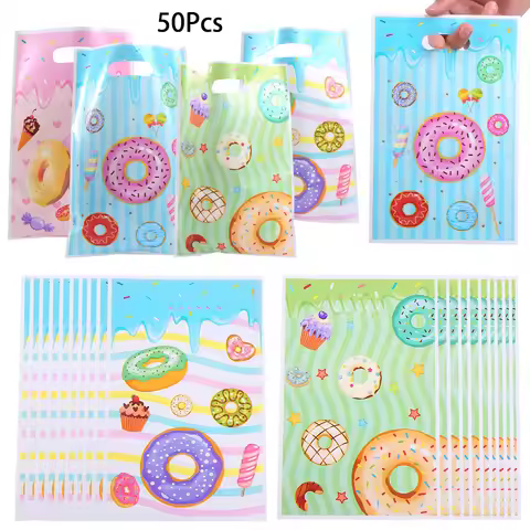 50pcs Sweet Doughnut Theme OPP Gift Packing Bags Doughnut Candy Treat Bags for Kids Birthday Baby Sh