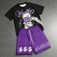 2ชิ้น/เซ็ต เสื้อยืดแขนสั้นพิมพ์ลาย Franklin Dollar สีดำและขาวตัดกันสำหรับผู้ชาย + กางเกงขาสั้น, ชุดล