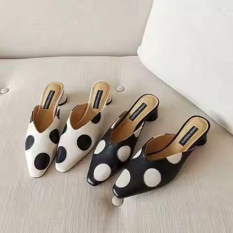 Elegant Mules Size 42 Woman Summer Casual Pointed Toe Slippers Women's Low Heel Polka Dot Sandals Of