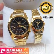 Seiko 5 21 Automatic Jewels Fashion Couple Watch for Men and Women Black Dial (Gold)