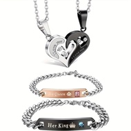 2/4pcs Couple Necklace Bracelets Matching Set for Women Men Heart Pendant Necklace His and Hers Brac