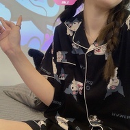 การ์ตูนอะนิเมะสติชชุดนอนเสื้อแขนสั้นพิมพ์ลายน่ารักPakaian Rumahan หลวมสำหรับฤดูร้อนแสนหวานน่ารัก
