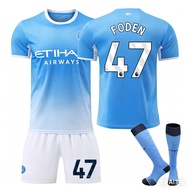 Manchester City 2024/25 Home Kit Short-Sleeve Football Jersey Set Customizable 47 Foden 9 Haaland JR