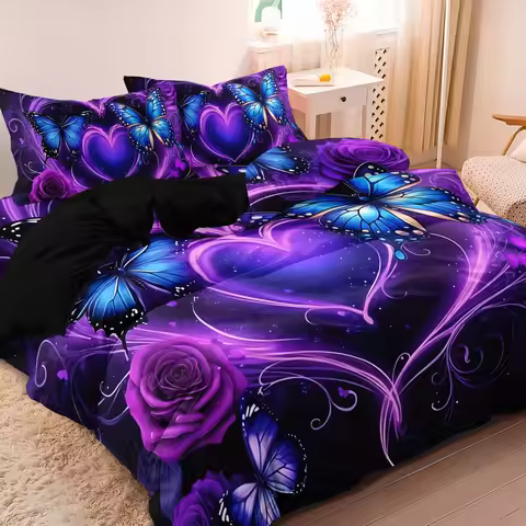 3pcs Valentine'S Day Purple Dreamy Heart Rose Butterfly Duvet Cover Set,High-Definition Print for.Va