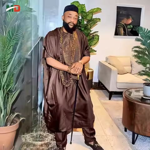 MD African Men's Traditional 3PCS Outfit Thobe Set Brown Agbada Embroidered Robe Plus Size For Weddi