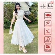 (GENUINE HALE) V611 Ha Thanh Boutique luxuriously designed maxi flared cream dress made of lace and 