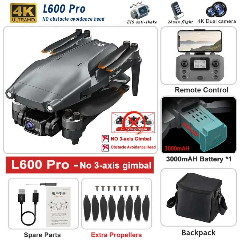 New L600 PRO MAX GPS Drone 5KM 4K Professional HD Dual Camera 3-Axis Gimbal 360 Obstacle Avoidance B