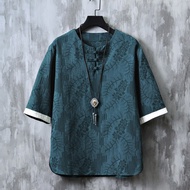 T-shirt lengan pendek pakaian lelaki jacquard kapas dan linen gaya Cina lelaki musim panas retro pak