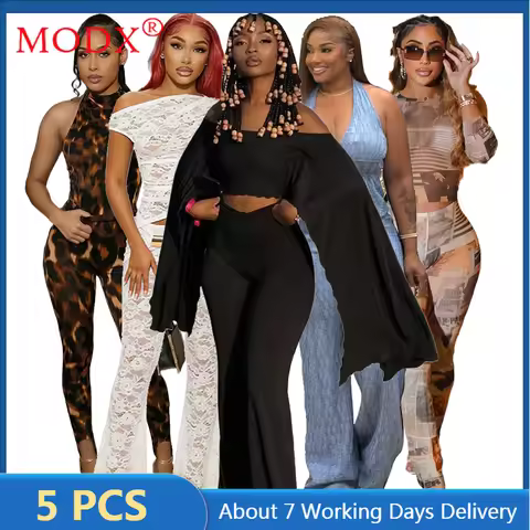 5 Wholesale Two Piece Set Womens Outfits Long Sleeve Slash Neck Crop Top + Flare Pants Fashion Elega