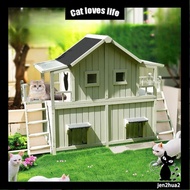 Outdoor cat house cat villa rainproof cat house cat home double-layer solid wood cat villa cat cage 