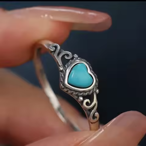 Real Natural Turquoise Stone Love Ring Adjustable Opening Retro Style Carved Charm Jewelry Fashion A