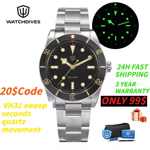 Watchdives WD7922 BB54 Watch VH31 Sweep Second Movement Sapphire Crystal 20bar Waterproof C3 Luminou