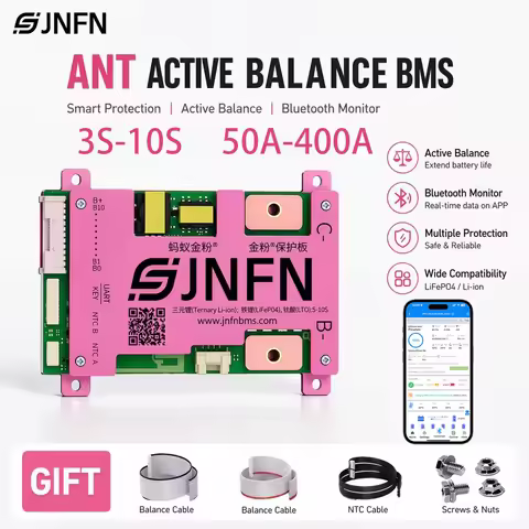 JNFN ANT BMS 3S 4S 5S 10S 12V 24V 36V 1A Active Balance Smart BMS for LiFePO4 Li-ion Battery Pack wi