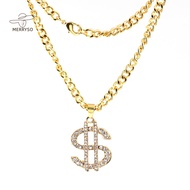 Merryso- Rhinestone US Dollar Money Style Pendant Long Chain Necklace Hip Hop Jewelry