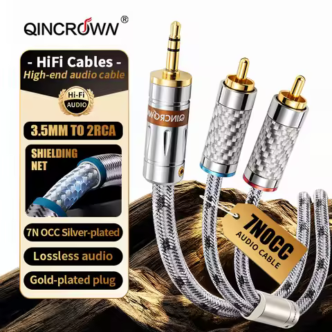 HIFI 3.5mm to 2Rca Audio Cable 7N OCC Silver Plated RCA Cable AUX RCA Jack 3.5 Y Splitter Cable For 