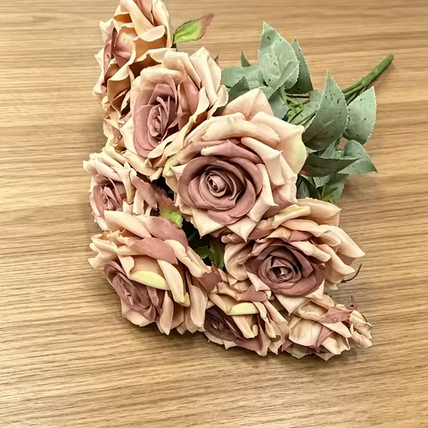 9 Heads Vintage Artificial Rose 46cm Silk Roses Dark Red Caramel Dusty Blue Fake Flowers for Wedding