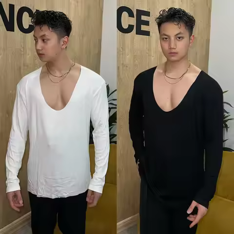 Men Latin Dance Clothes Adult Practice Tops U Neck Long Sleeves T Shirt Loose Cha Cha Rumba Dance Tr