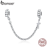 BAMOER 925 Sterling Silver Simple Cross Safety Chain Charm for Original Silver Bracelet Charms with 