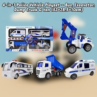 4-in-1 Police Vehicle Playset – Bus, Excavator, Dump Truck & Van (53×28.5×10cm)