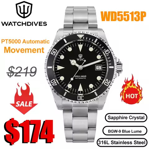 Watchdives WD5513P Automatic Watch Men PT5000 Movement 28800 High Beat Mechanical Watch Sapphire Cry