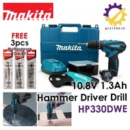 Makita Cordless Hammer Driver Drill 10.8v 1.3ah with 2 Batteries, 1 Charger and Carrying Case, Drill Wall, HP330DWE
