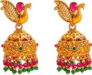 Traditional Indian Handcrafted Multicolor Stone Design Antique Gold Plated Kundan Polki Temple Jewellery Jhumka Earring For Women (SJ_1942), Brass, Cubic Zirconia