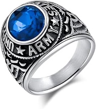 Mens Stainless Steel Hawk Eagle Army Ring with Oval CZ Stone United States US Army Titanium USA Mili