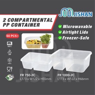 [50pcs] 2-Compartment Microwavable Container with LID / PP Disposable Rectangular Lunch Box / FR750-