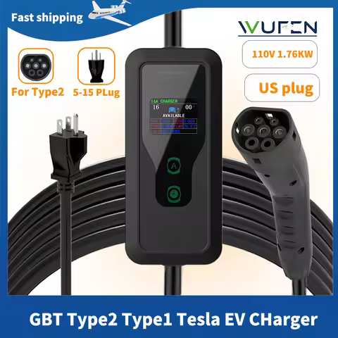 110-240V Car Portable EV Charger Electric Vehicle Tesla Type 1 GBT Type2 Plug 16A 5m Level 2 EVSE Co