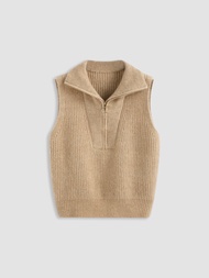 Cider Solid Zip Up Knitted Vest เสื้อโปโลแขนกุดผู้หญิงเสื้อไหมพรมแฟชั่นผญลุคสตรีทสไตล์เกาหลี