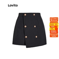 Lovito Casual Plain Button Irregular Hem Culottes Shorts for Women L52AD147 (Black) Lovito Celana Pendek Kulot Hem Tak Beraturan Kancing Polos Kasual untuk Wanita