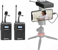 Wireless Lavalier Microphone System for iPhone 11 8 x 7 6 Camera, BOYA Dual-Channel 2 Transmitter &amp; 1 Receiver for DSLR Recorder Samsung Smartphone Youtube Street Interview Facebook Livesteam Vblog